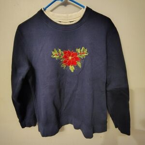 Vintage Women's Size Medium Navy Blue Embroidered Poinsettia Sweatshirt